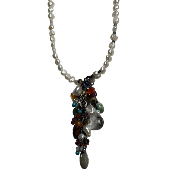 Leather and Seed Pearl Necklace with Cluster Pendant - Picture 10 of 11